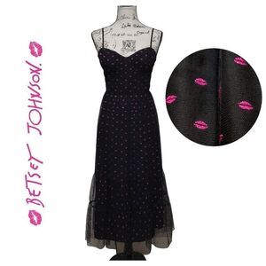 💋 BETSEY JOHNSON Lip Print Tiered Sweetheart Black Dress SIZE 12 NWT